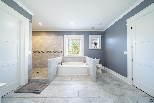 full bathroom featuring a garden tub, toilet, ornamental molding, a walk in shower, and baseboards