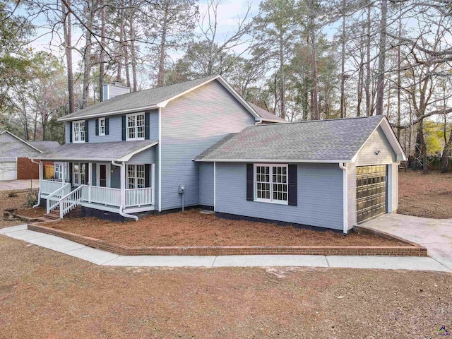 view of front of home featuring a shingled roof, covered porch, a chimney, and an attached garage