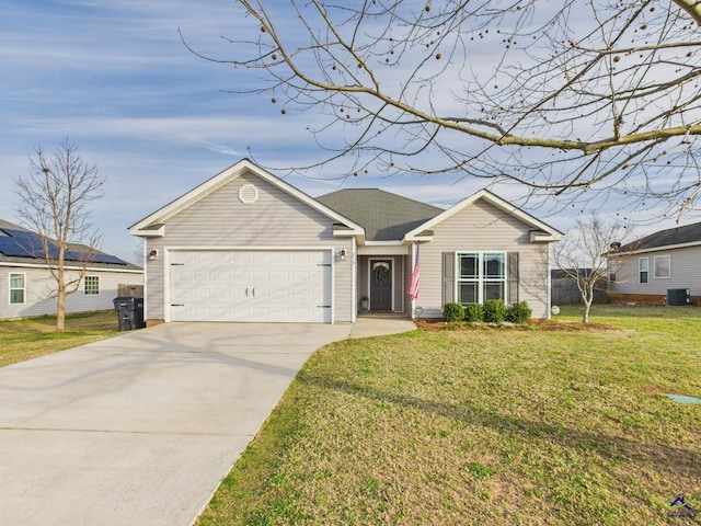 single story home featuring a shingled roof, central AC, a front yard, driveway, and an attached garage