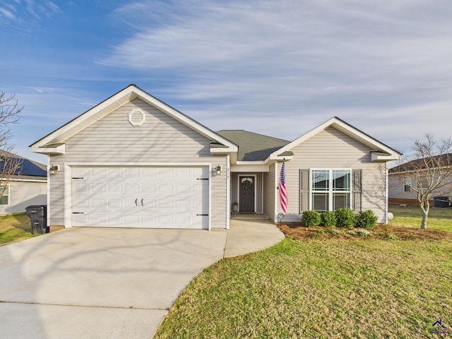 ranch-style house with concrete driveway, a garage, and a front yard