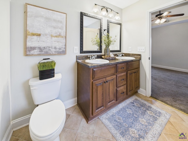 bathroom featuring tile patterned floors, toilet, a ceiling fan, and a sink