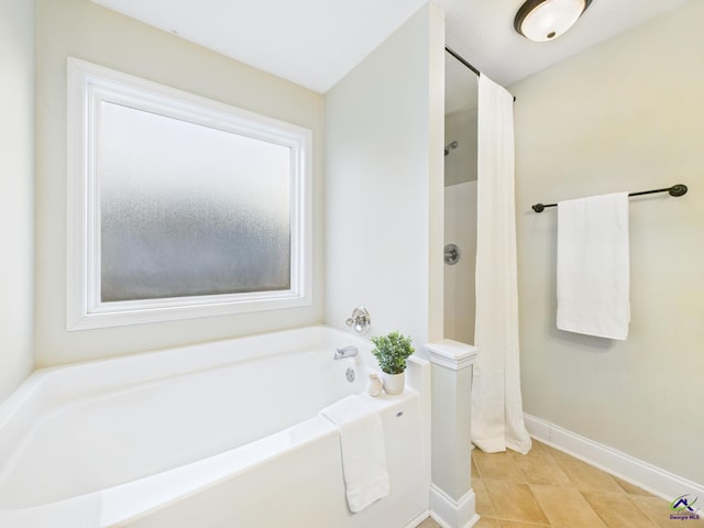 full bathroom with a bath, tile patterned floors, baseboards, and a shower with curtain