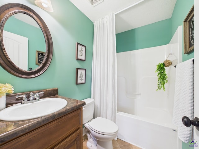 bathroom with vanity, visible vents, shower / bath combo, tile patterned flooring, and toilet