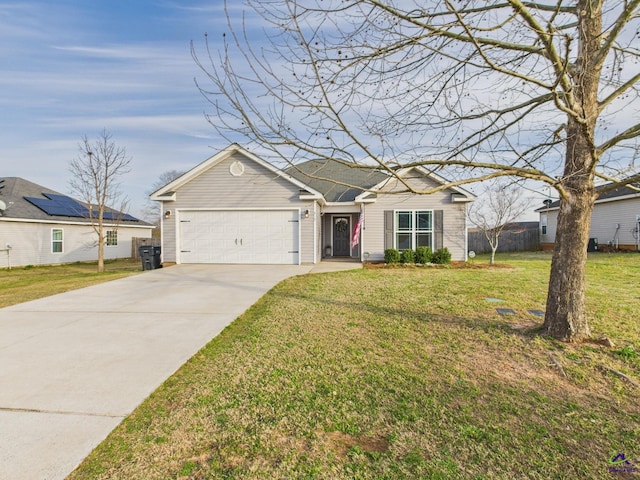 ranch-style home featuring concrete driveway, fence, a garage, and a front yard