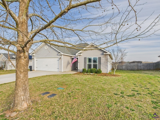 single story home with concrete driveway, a garage, fence, and a front yard