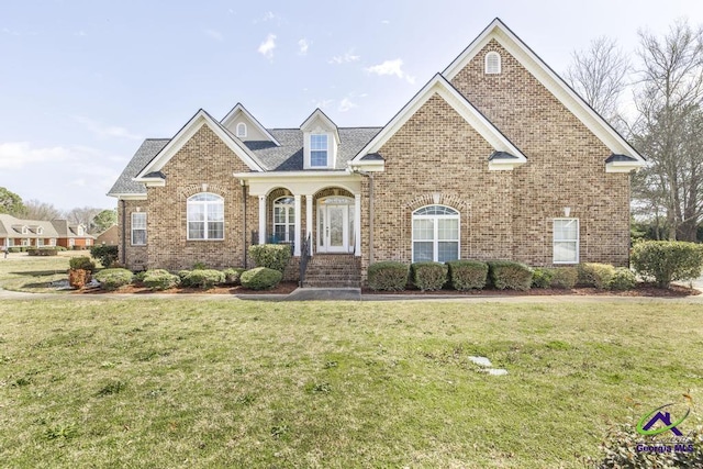 view of front of home featuring a front lawn and brick siding