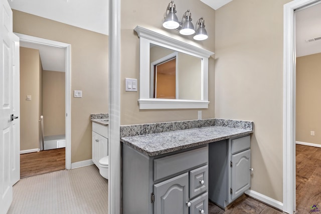 half bath with visible vents, toilet, vanity, and baseboards