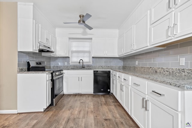 kitchen featuring under cabinet range hood, stainless steel electric stove, dishwasher, decorative backsplash, and white cabinetry