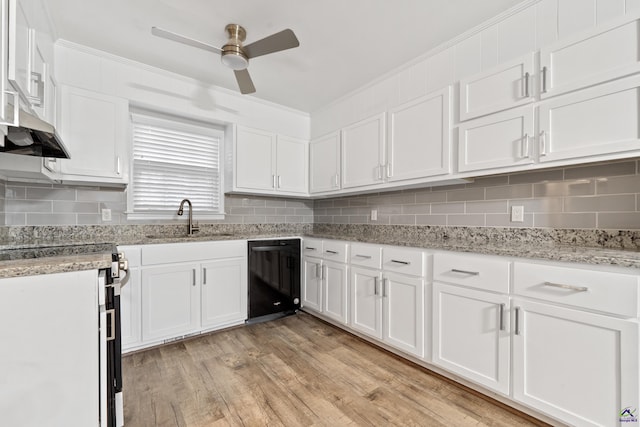 kitchen with a sink, dishwasher, light wood-style flooring, and white cabinets