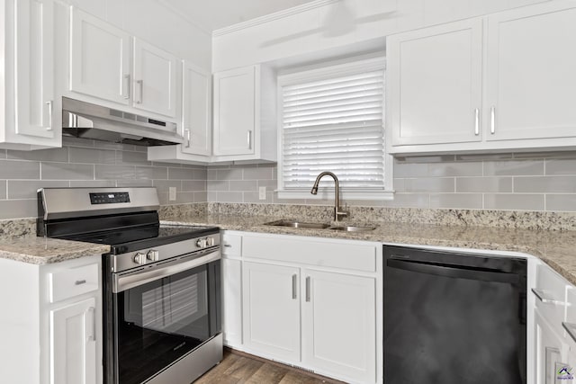 kitchen with under cabinet range hood, a sink, tasteful backsplash, stainless steel electric range, and dishwashing machine