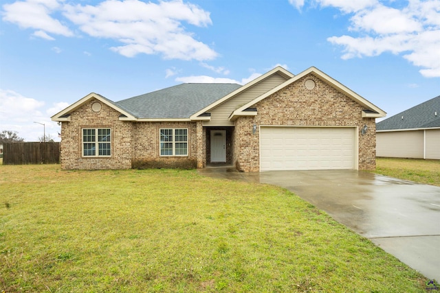 ranch-style house with a front yard, fence, an attached garage, concrete driveway, and brick siding