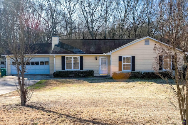 ranch-style house with a garage, driveway, a front yard, and a chimney