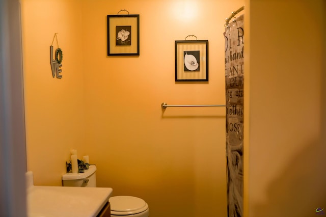 full bath featuring vanity, a shower with shower curtain, and toilet