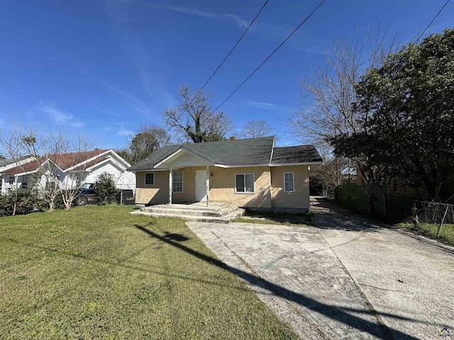 view of front facade with a front lawn, roof with shingles, and stucco siding