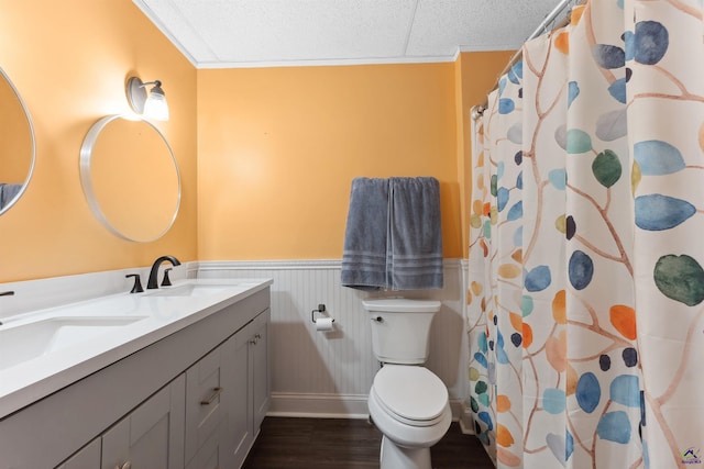 bathroom with a sink, toilet, wood finished floors, and wainscoting