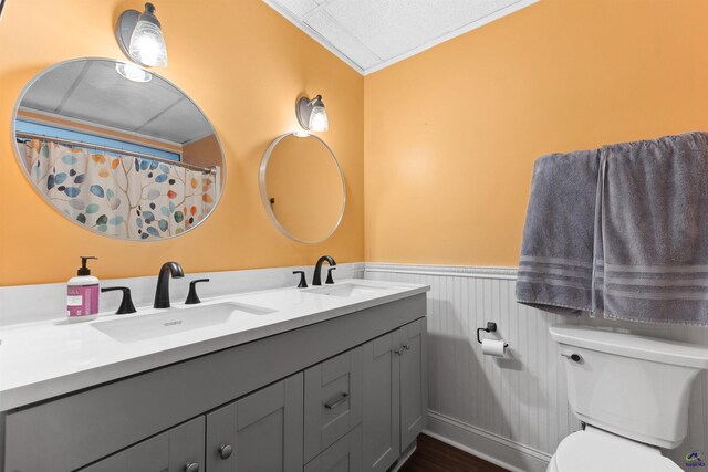 full bath featuring a sink, a wainscoted wall, toilet, and double vanity