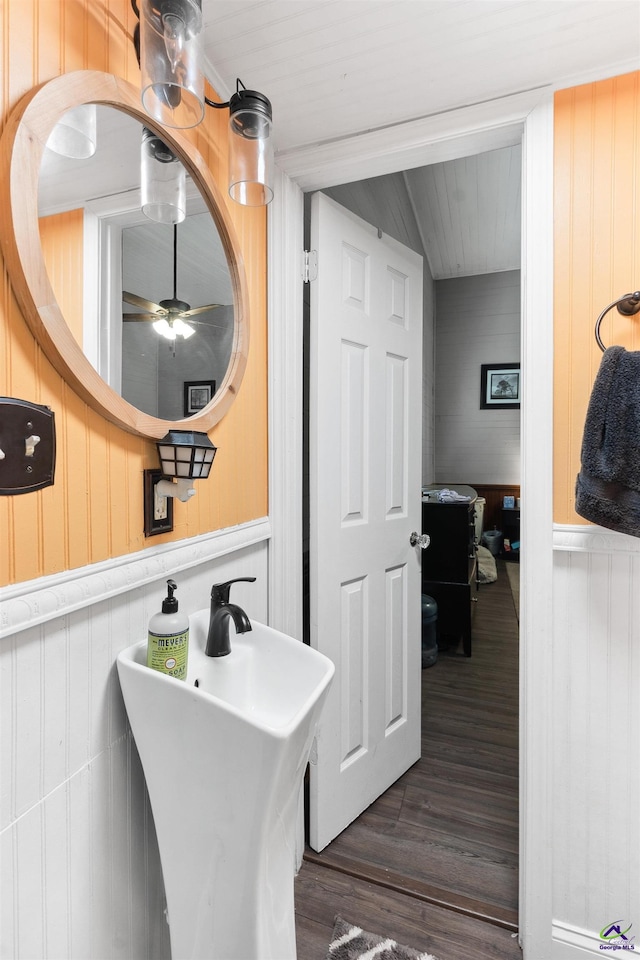 bathroom featuring wood finished floors, wainscoting, and a sink