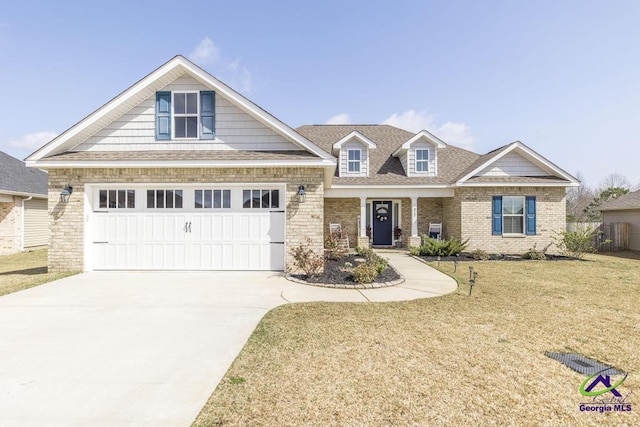 craftsman inspired home with driveway, brick siding, roof with shingles, and a front yard