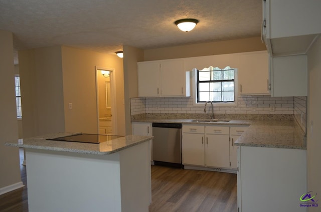 kitchen with a sink, black electric stovetop, stainless steel dishwasher, and dark wood-type flooring