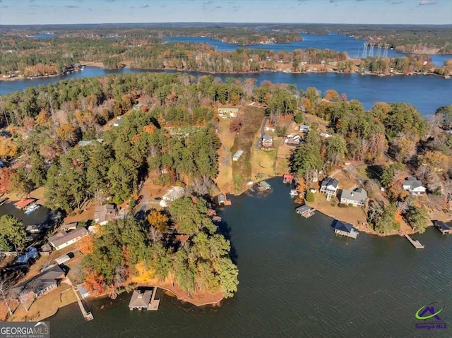 drone / aerial view with a forest view and a water view