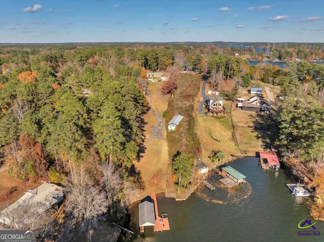 aerial view featuring a forest view and a water view