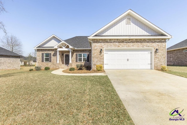 craftsman-style home featuring a front lawn, brick siding, a garage, and driveway