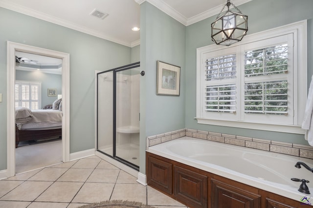 ensuite bathroom with visible vents, a garden tub, ornamental molding, a stall shower, and tile patterned floors