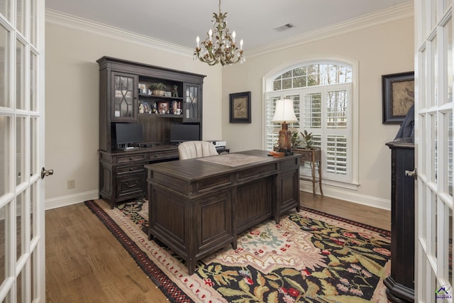 office space featuring visible vents, french doors, and crown molding