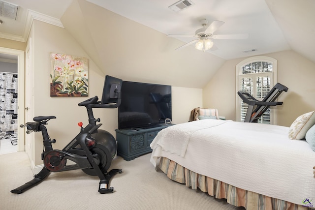 bedroom featuring visible vents, carpet flooring, and vaulted ceiling