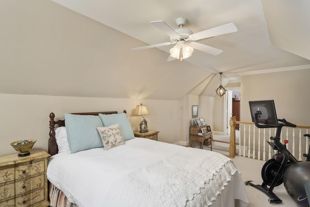 bedroom featuring carpet, ceiling fan, and vaulted ceiling