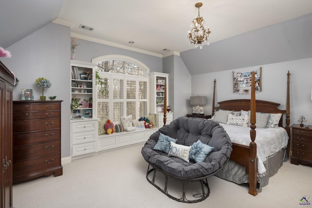 bedroom featuring visible vents, lofted ceiling, light carpet, crown molding, and a notable chandelier