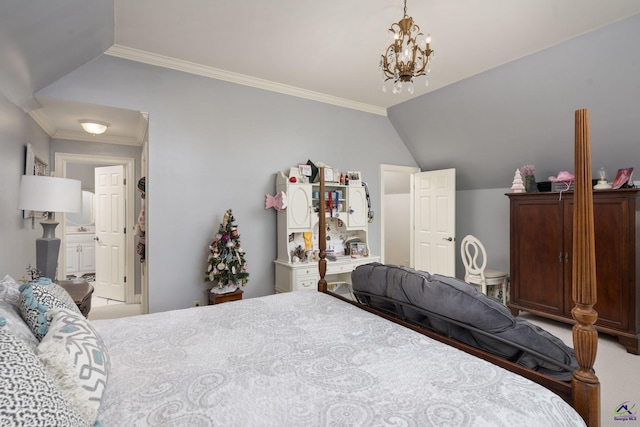 carpeted bedroom with ornamental molding, an inviting chandelier, and vaulted ceiling