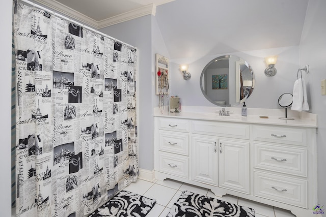 full bathroom with tile patterned flooring, curtained shower, vanity, and ornamental molding