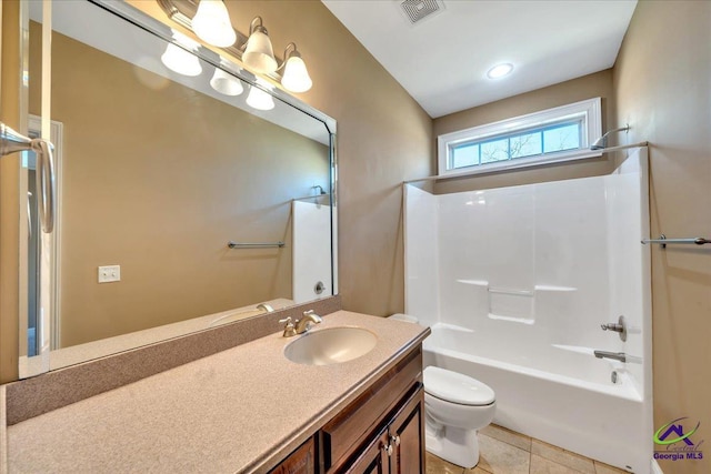 full bathroom featuring visible vents, toilet, tile patterned flooring, shower / bath combination, and vanity