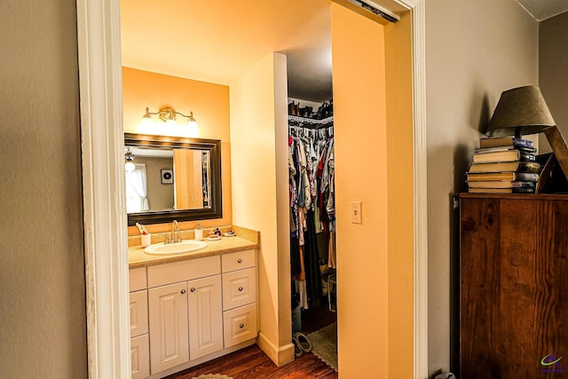 bathroom with vanity, a spacious closet, and wood finished floors