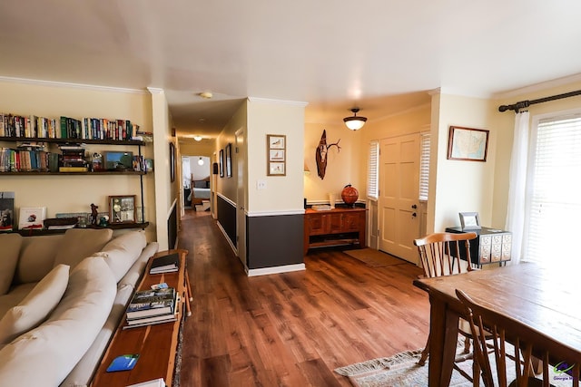 living room featuring wood finished floors and crown molding