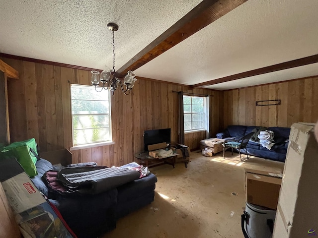 living room featuring beamed ceiling, plenty of natural light, wooden walls, and a textured ceiling