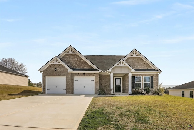 craftsman inspired home featuring brick siding, a front lawn, concrete driveway, roof with shingles, and an attached garage