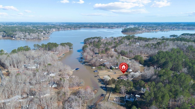 birds eye view of property featuring a view of trees and a water view