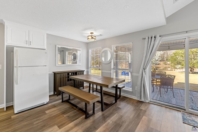 dining room featuring a textured ceiling, wood finished floors, and a healthy amount of sunlight