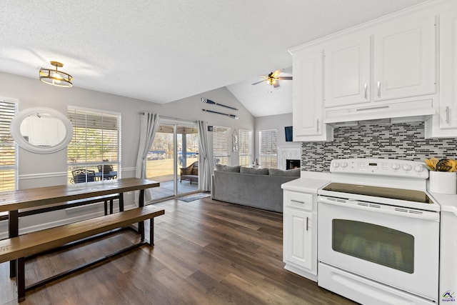 kitchen featuring white electric range oven, white cabinetry, dark wood-style flooring, under cabinet range hood, and a tiled fireplace