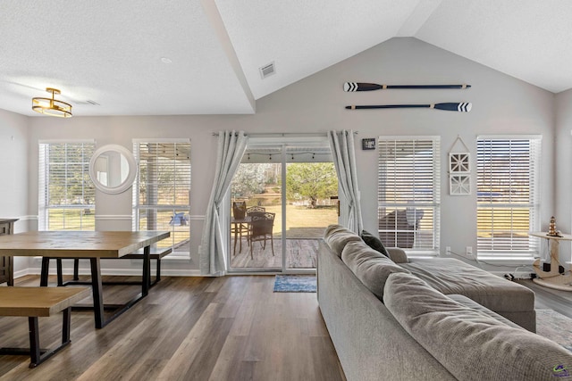 living room featuring a wealth of natural light, visible vents, vaulted ceiling, and dark wood-style flooring