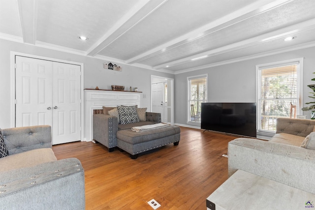 living room with beamed ceiling, wood finished floors, and crown molding