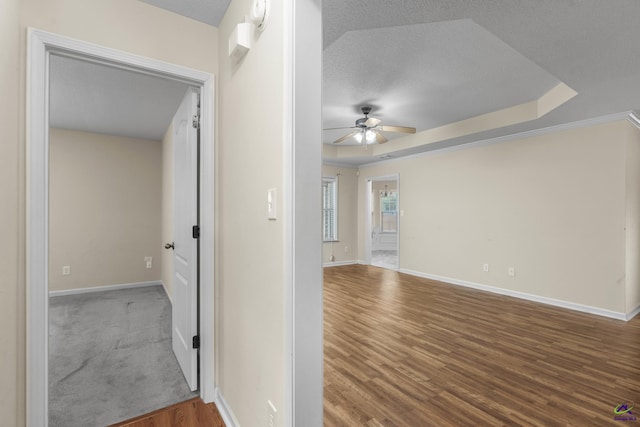 hall featuring a tray ceiling, baseboards, and a textured ceiling