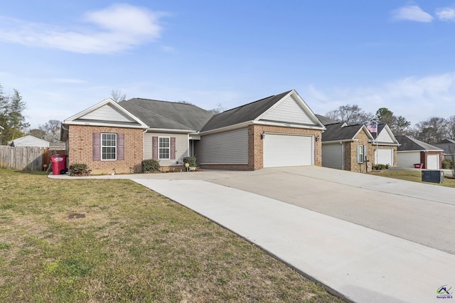 ranch-style house with brick siding, a front lawn, fence, concrete driveway, and a garage