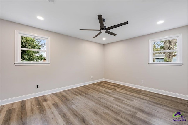 spare room featuring baseboards, plenty of natural light, and wood finished floors