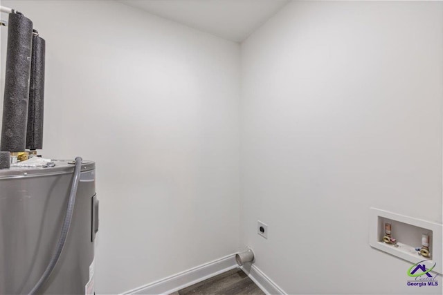 clothes washing area with electric dryer hookup, wood finished floors, baseboards, hookup for a washing machine, and laundry area