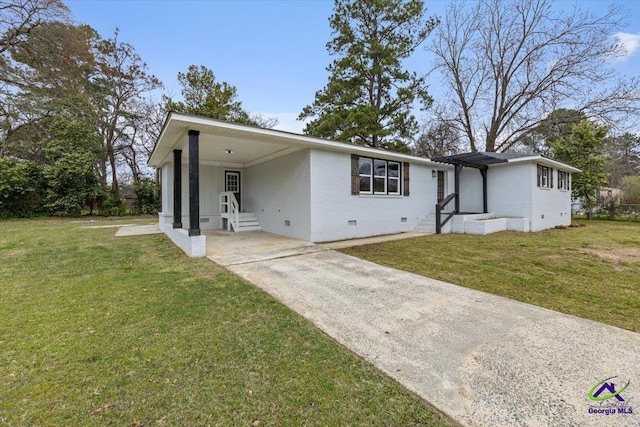 single story home featuring driveway, an attached carport, a front yard, crawl space, and brick siding