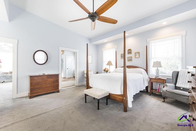 carpeted bedroom featuring a ceiling fan, recessed lighting, and baseboards