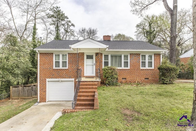 view of front of house with fence, a chimney, concrete driveway, crawl space, and brick siding